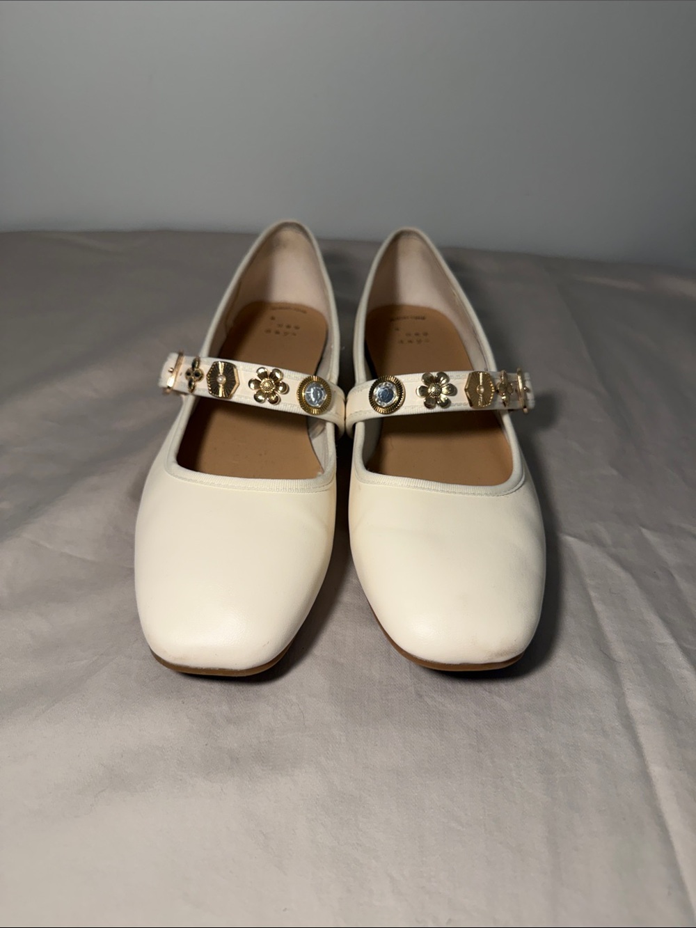 a new day Cream Mary Jane Flats with Gold Flower Strap